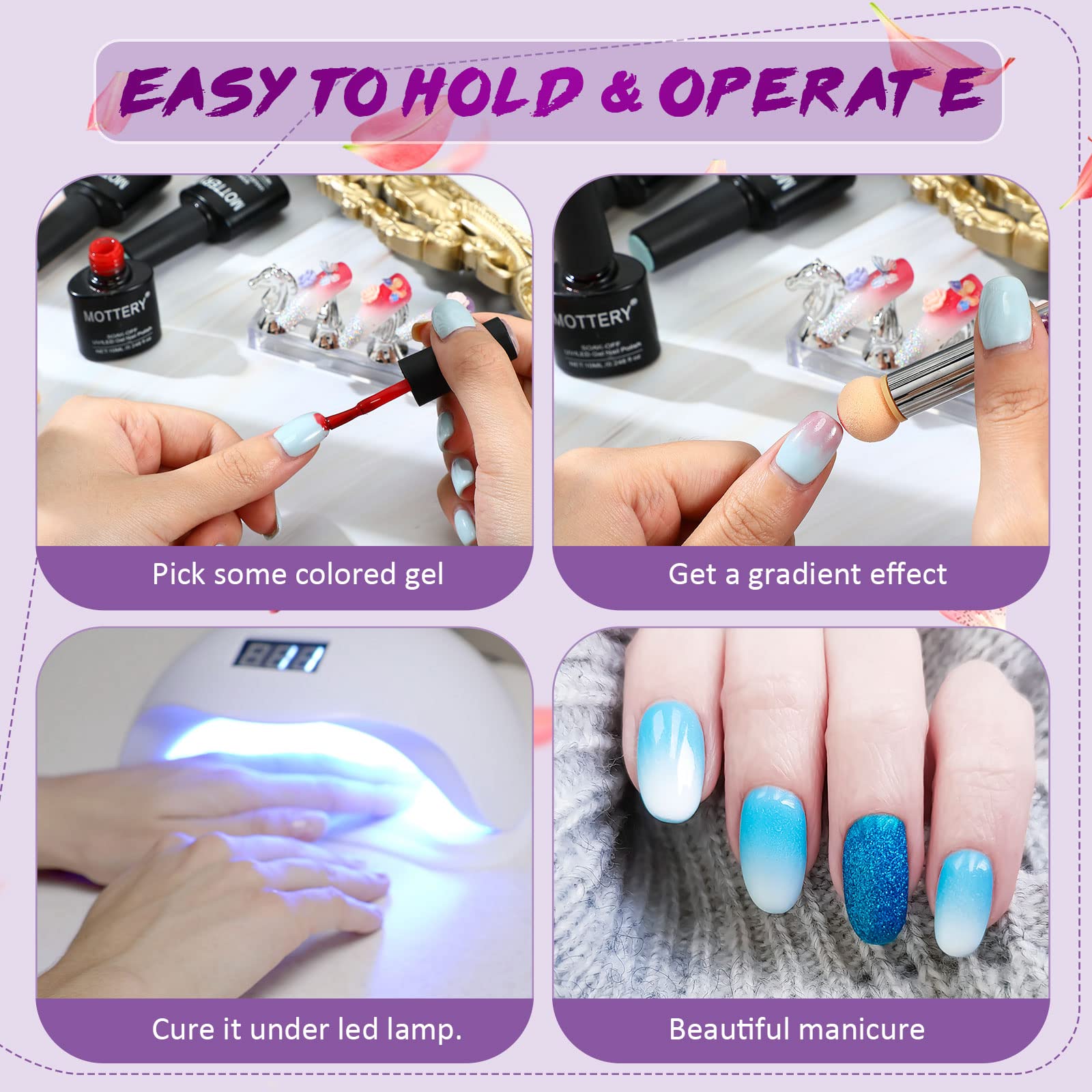 Maitys 4 Pcs UV Gel Gradient Sponges Pens with 16 Pcs Replacement Head Nail Sponges for Ombre Double Head Brush for Nail Art Manicure DIY Tools(White, Green, Purple, Blue) - Image 4