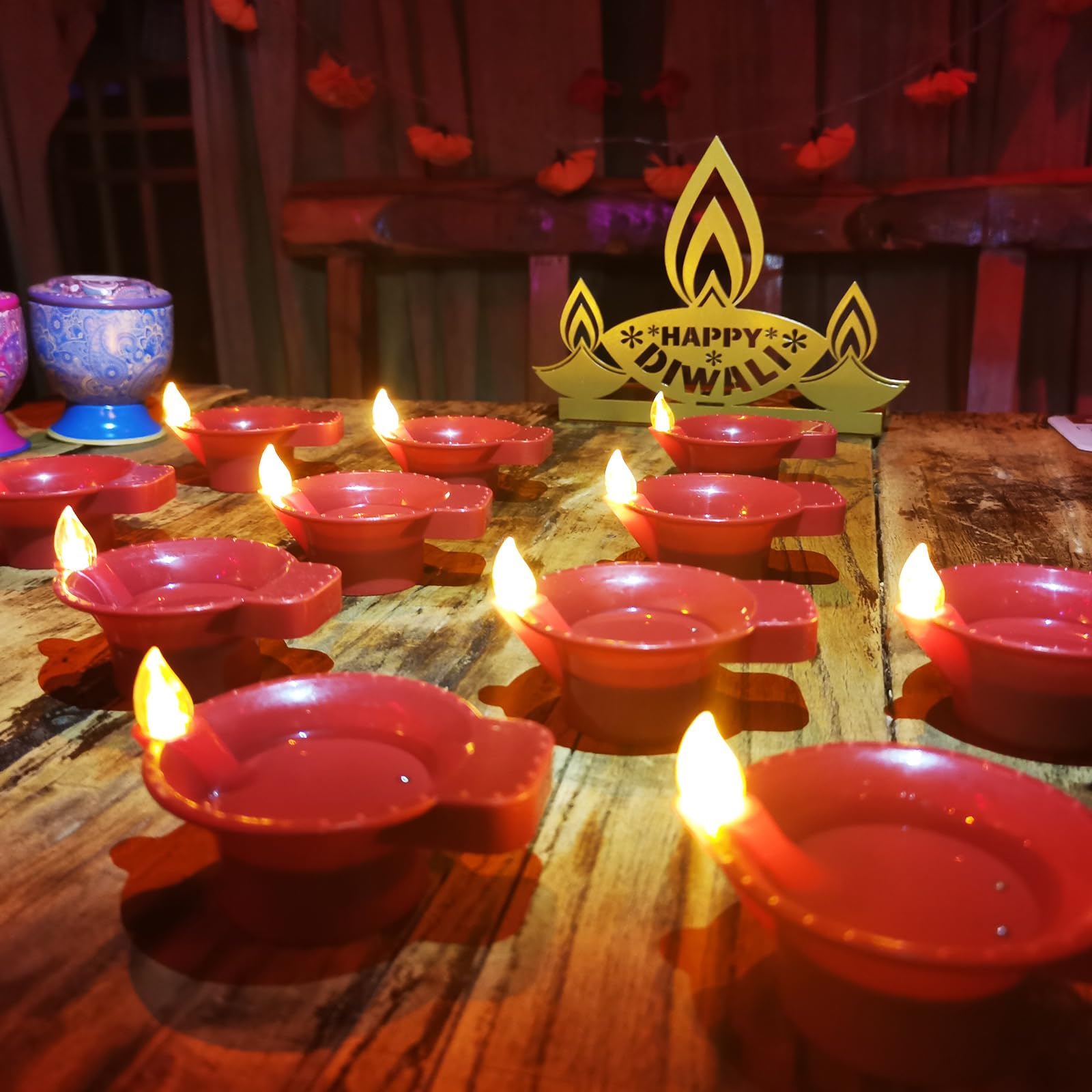 Photo 1 of 12 Pcs Diwali Diyas Lamp Decorations, Diwali Red Led Water Sense Lights, Waterproof Flameless Oil Lamp Shape Tea Lights, Diwali Decorations for Home Indian Temples Pooja Housewarming Return Gift