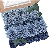 BSMYBO Dusty Blue Flower Artificial Roses Faux Flowers with Stems Mix Fake Roses Dahlia Chrysanthemum Ball for Wedding Bridal Bouquets, Table Centerpieces, Baby Shower, Party, Home Decorations