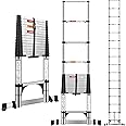 DEZEX 15.5 FT Telescoping Ladders Stainless Steel - One-Button Retraction Collapsible Extension Ladder for Home,RV,Loft, Lasts 375 LBS with 2 Triangle Stabilizers,Balance Bar and Wheels