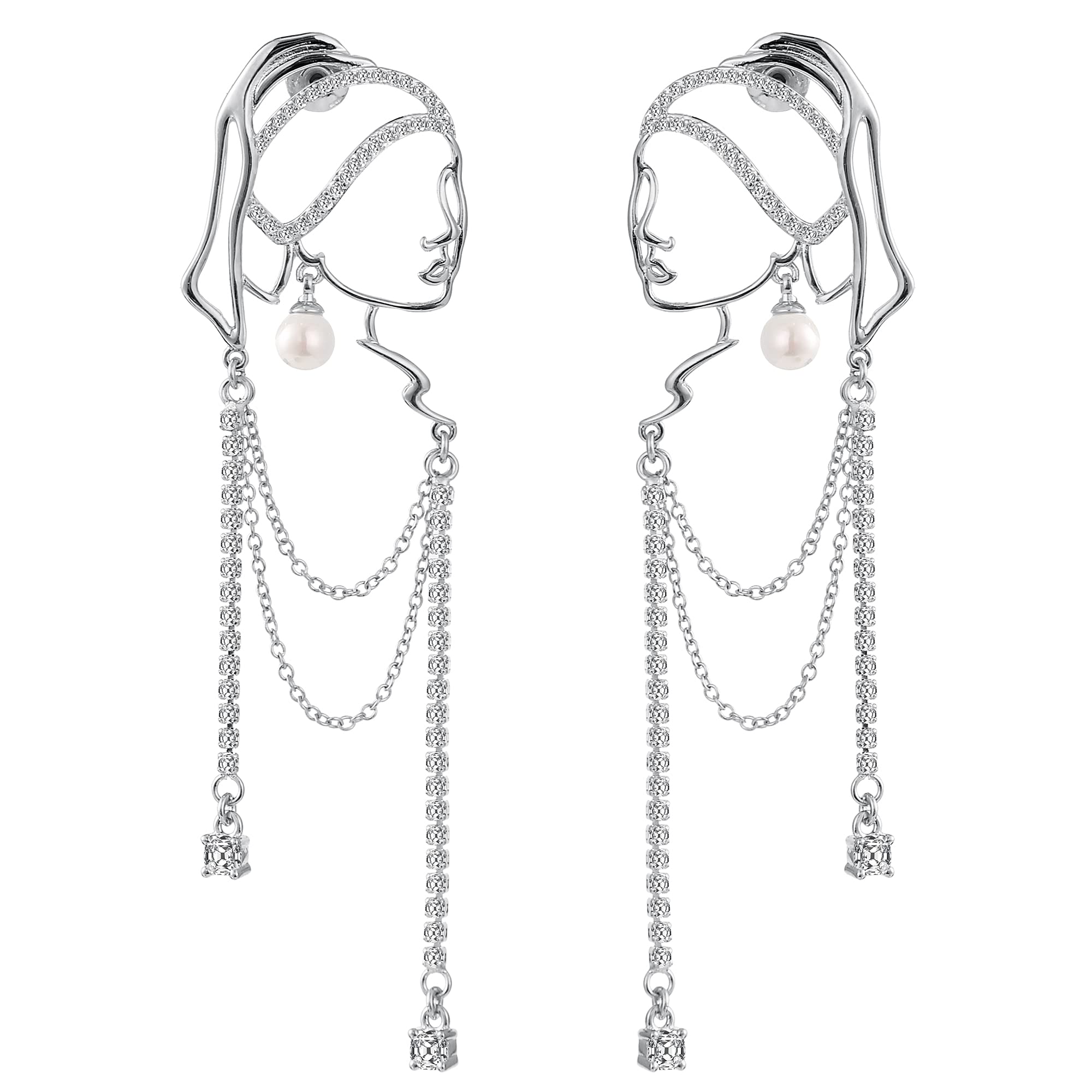 Unique abstract face Art dangle earrings for women girl outline rhinestone tassel dainty Hollow out earrings jewelry fashion dangles long statement lightweight earrings(silver)