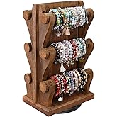 Ikee Design Two-Sided Rotating Wooden Jewelry Bracelet Display Stand-6 Removable Holders, 3 Tier Bar Bangle Organizer-Perfect for Bracelets and Jewelry Display for Vendors, Brown Color