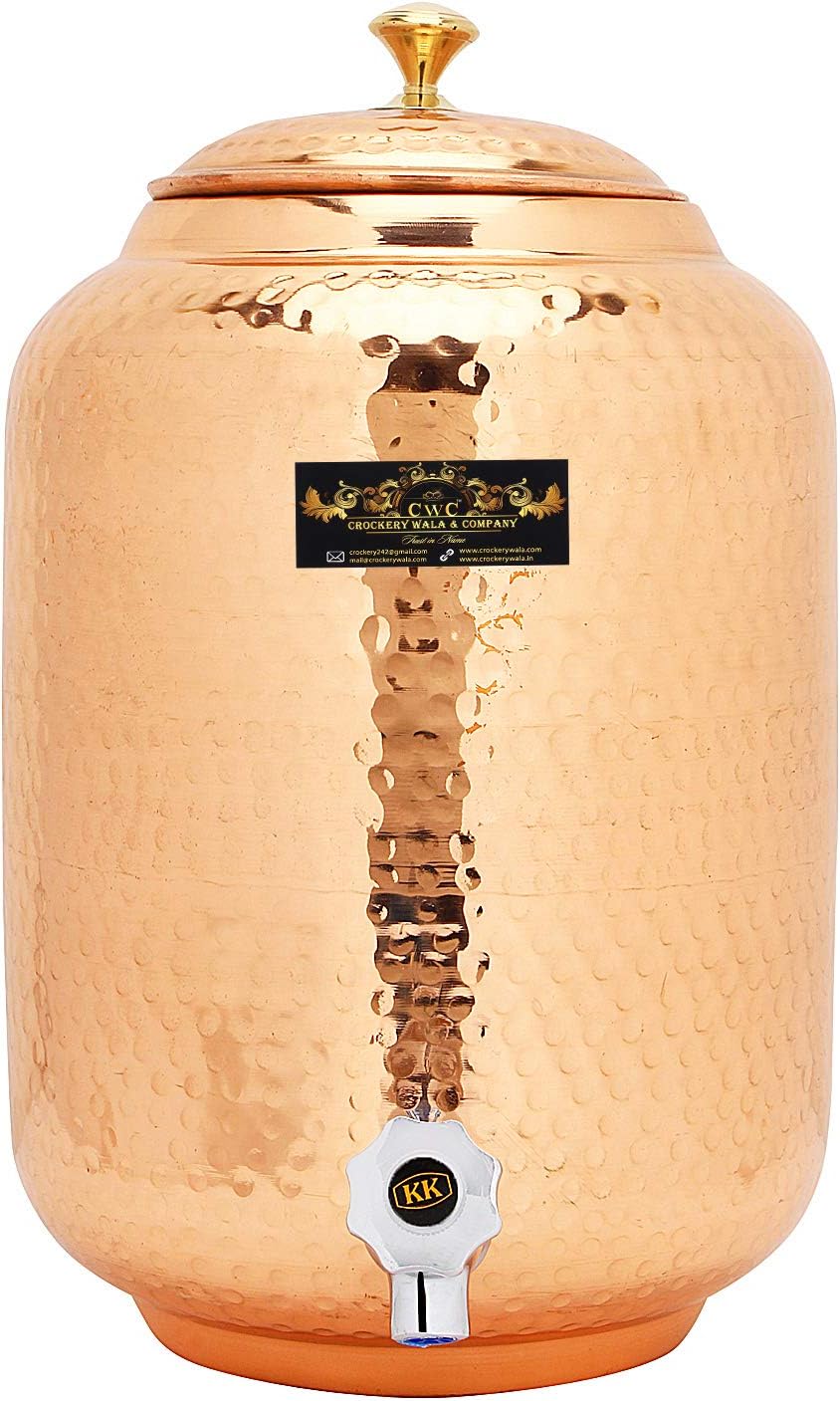 Crockery wala and company Copper Hammered Handmade Water Pot with brasstap, 8.5 l