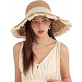 Women Beach Straw Hat Floppy Wide Brim Lace Sun Hat Foldable Packable Straw UPF50+ Summer Travel Sun Protection Beach Cap