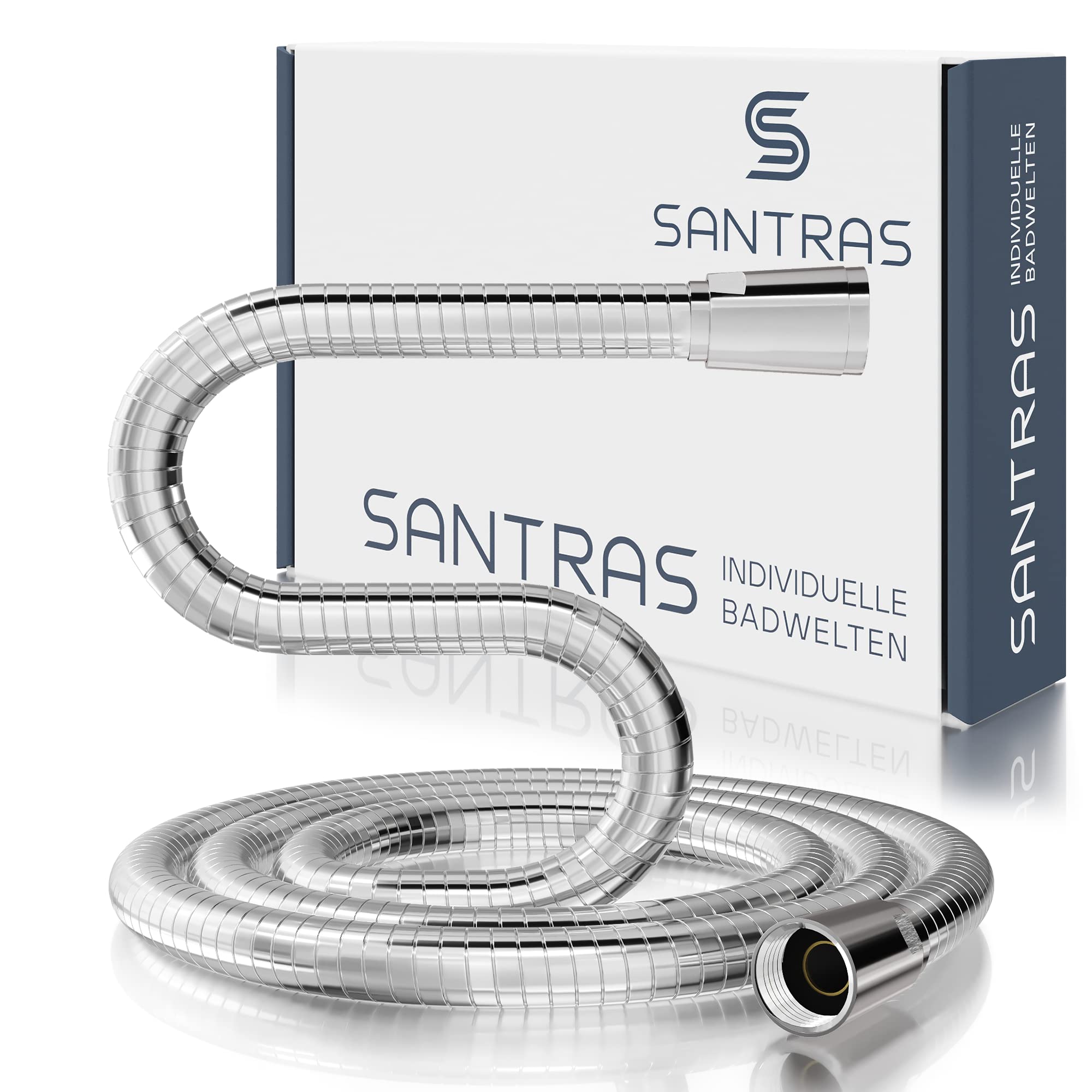 SANTRAS® Shower Hose Premium Chrome 3.00 m Made in Germany with Water Saver - Especially Flexible and Twist-Proof with Flow Limiter - Shower Hose in Stainless Steel Look Made of Easy Clean Material