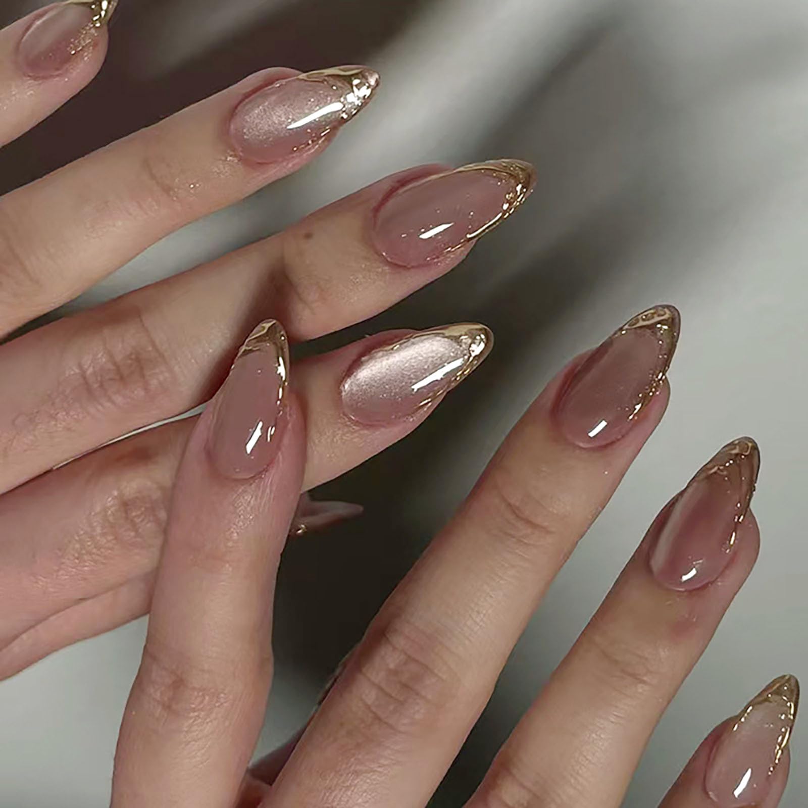 Photo 1 of Almond Press on Nails Cat's Eye Fake Nails Medium False Nails Pink Glitter Stick on Nails French Tip Gold Glue on Nails Cute Glossy Artificial Nails for Women24PCS