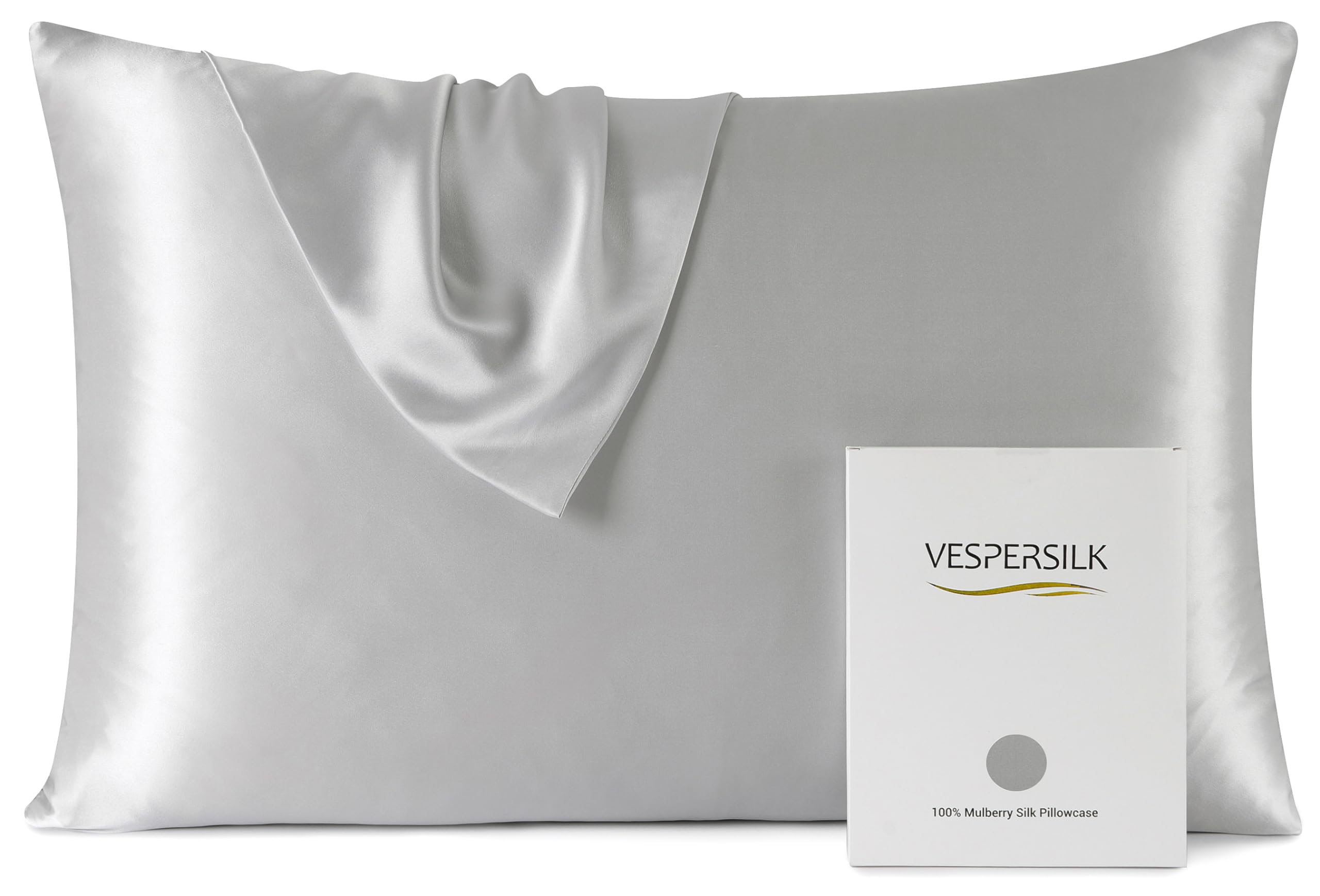 Vespersilk 100% Mulberry Silk Pillowcase for hair and skin, Real Premium 19 Momme, Grade 6A Silk on Both Sides, with Hidden Zipper, 1pc (Standard 50x75cm, Silver Grey)