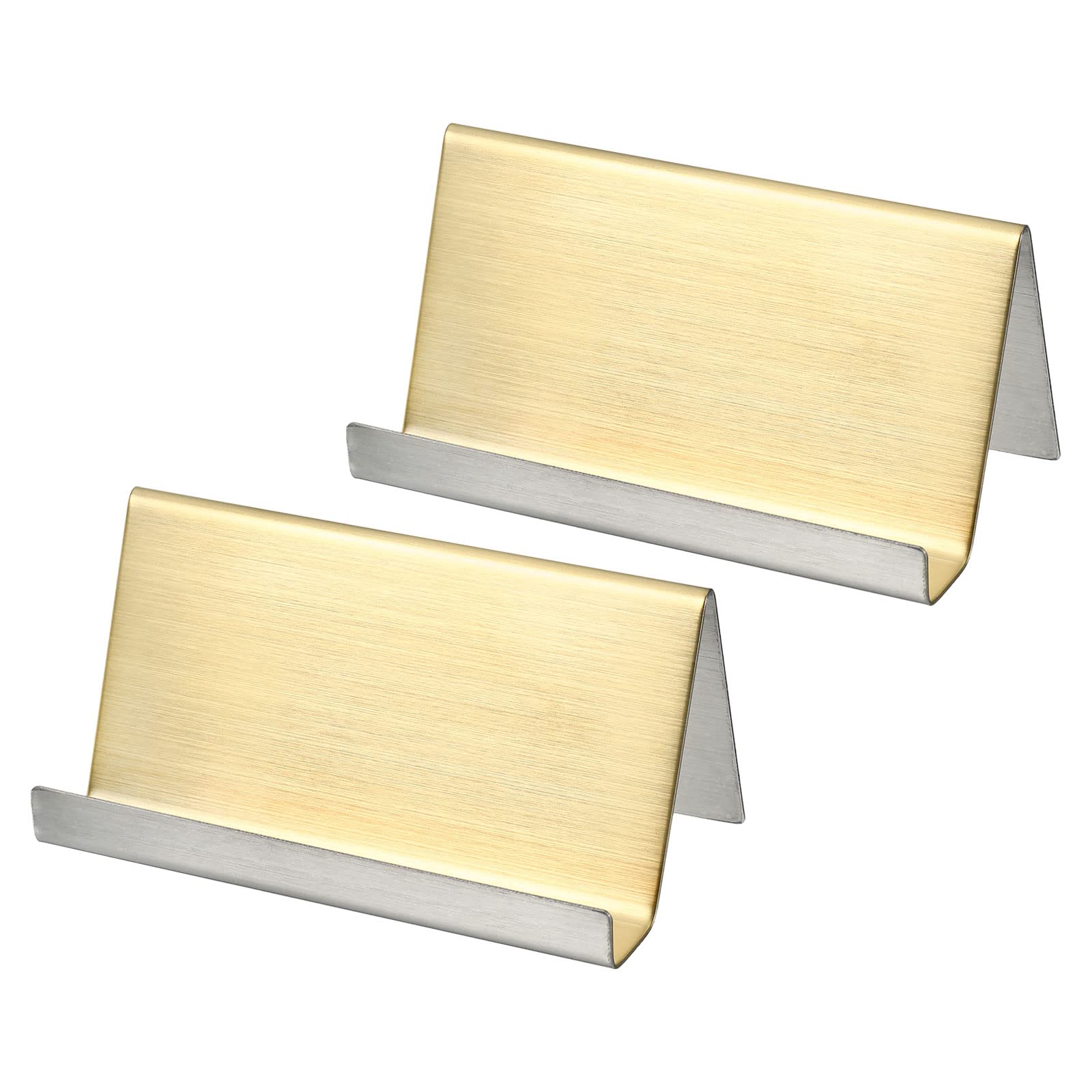 PATIKIL Business Card Holder, 2 Pack Brushed 304 Stainless Steel Desktop Name Cards Display Stand for Office Desk, Gold