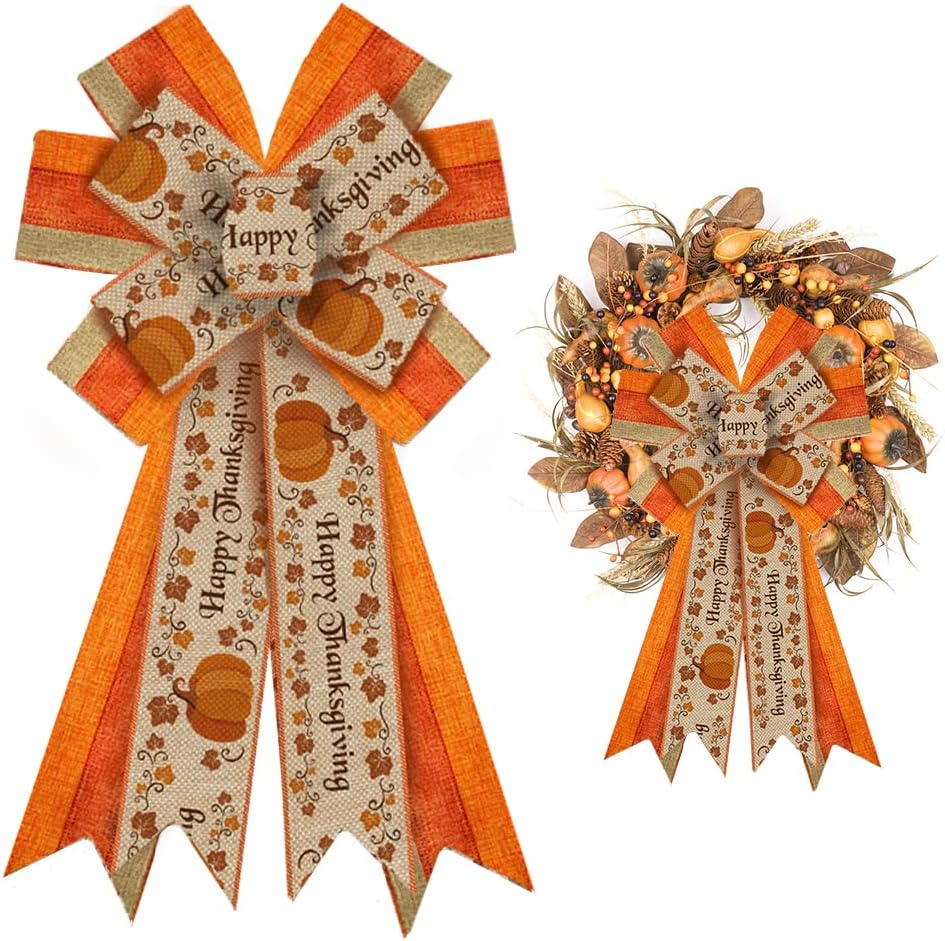 Bows & Ribbons - Large Fall Bows for Wreaths, Thanksgiving Wreath Bows, Orange Stripe Bows, Pumpkin Leaves Words Bows for Front Door, Fall Thanksgiving Decor, Burlap Bows for Wreath Indoor Outdoor Wall Decorations