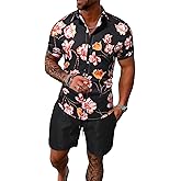 GORGLITTER Men's Vacation Beach Outfits 2 Piece Shorts Set Floral Hawaiian Button Down Shirt and Shorts