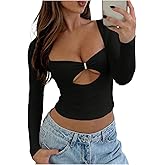 SHENHE Women's Low Cut Out Long Sleeve Shirts Ruched Sweetheart Neck Fitted Going Out Crop Tops