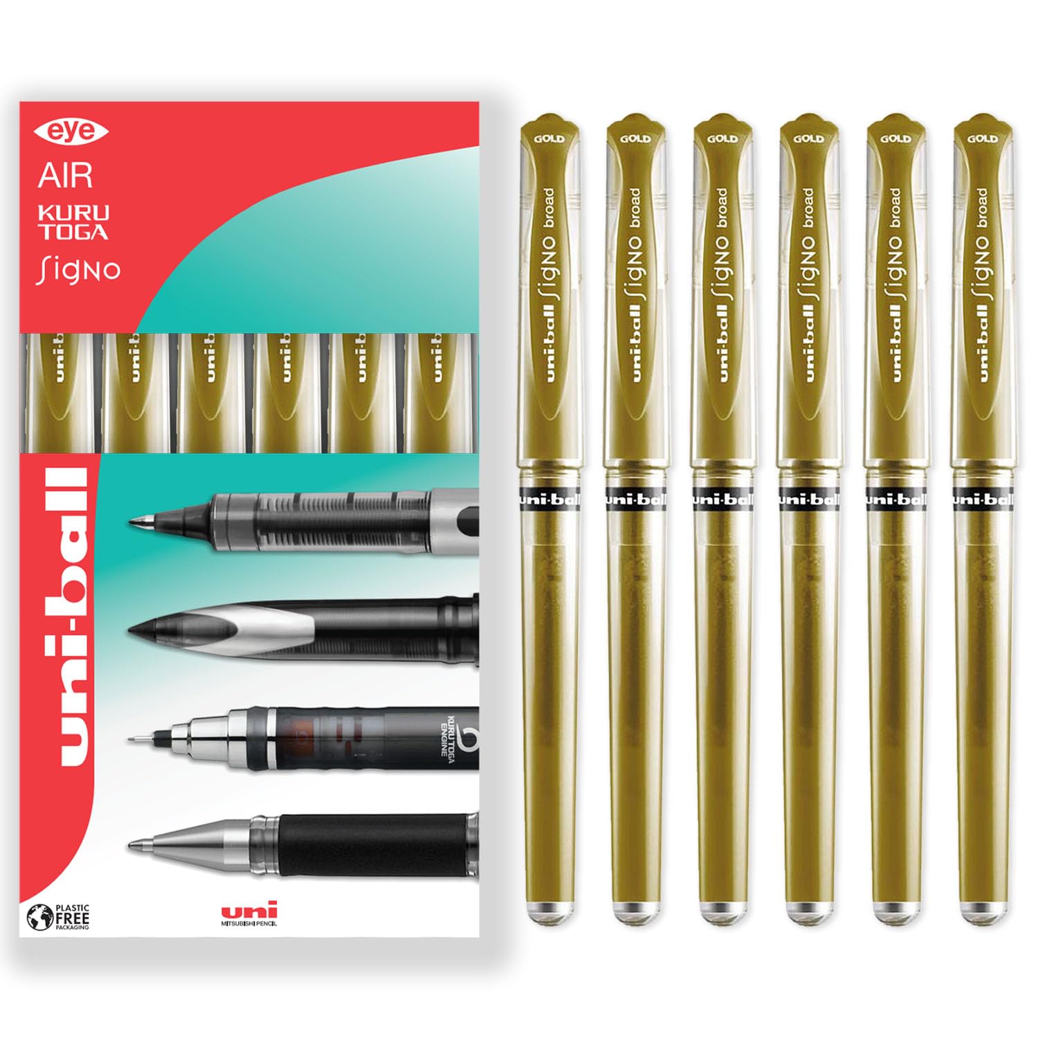 uni-ball Signo Pen - UM-153 Broad Metallic Gel Ink Rollerball - Metal 1.0mm Tip Nib - Rubber Grip - In Gift Box (Pack of 6, Gold)