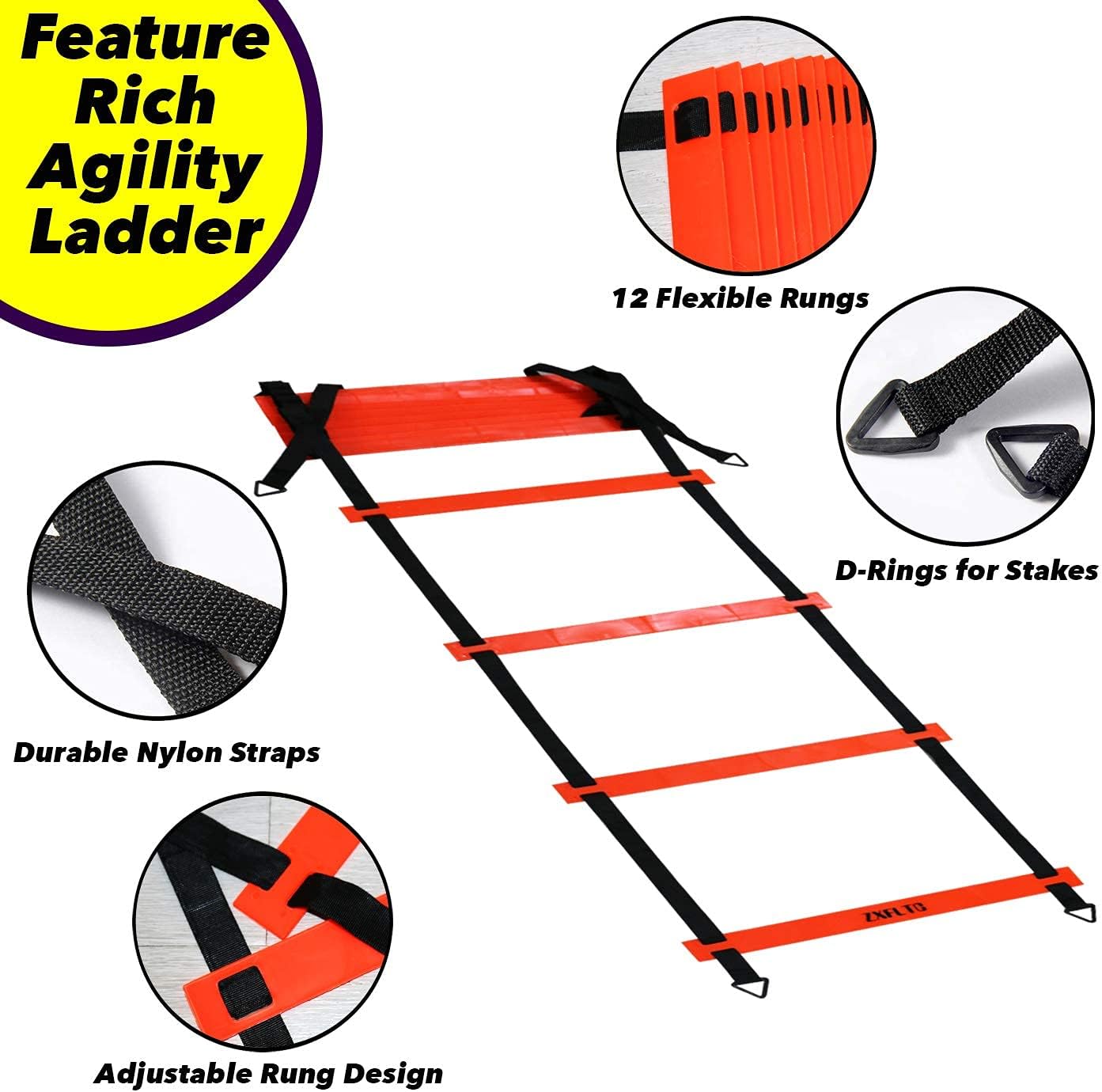 ZXFLTC Agility Ladder Speed Training Equipment-20 Feet Ladder, 8 Disc Cones, 5 Resistance Bands, Running Parachute, Skipping Rope-Boost Fitness, Improve Footwork in Soccer, Basketball, Football (Orange) : Sports & Outdoors