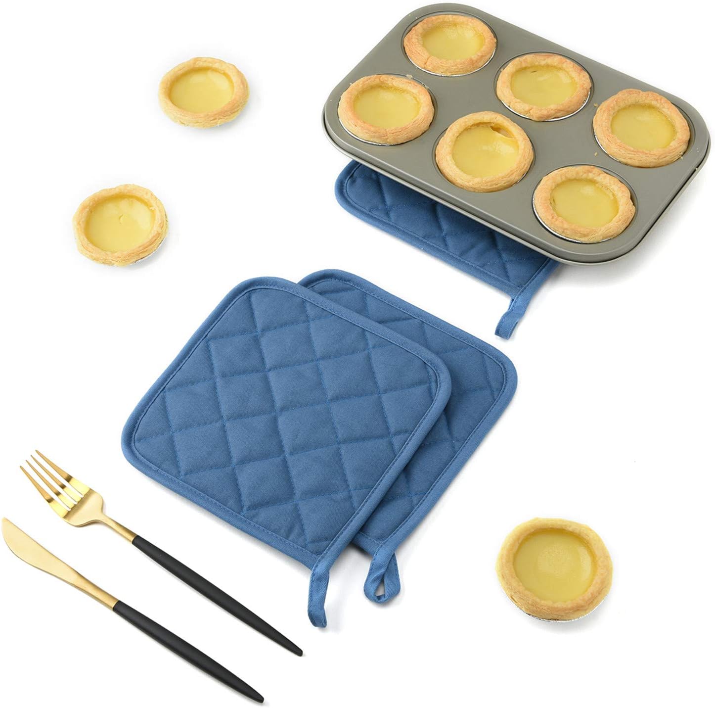 Jennice House Potholders Set Trivets Kitchen Heat Resistant Pure Cotton Coasters Hot Pads Pot Holders Set of 6 for Everyday Cooking and Baking by 7 x 7 Inch (Blue): Home & Kitchen
