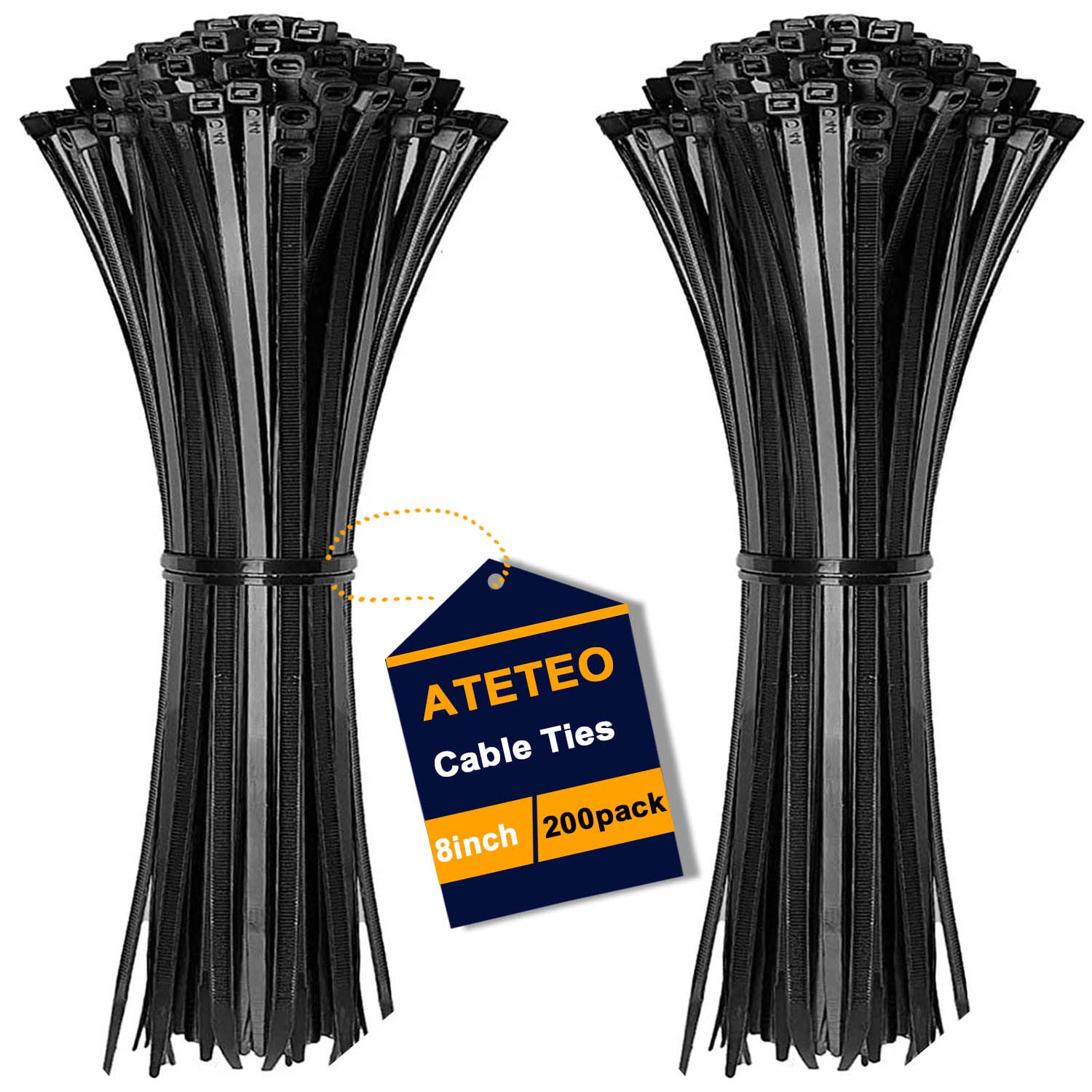 ATETEO Black Cable Ties, 200mm x 3.6mm, Pack of 200, 8" Premium Nylon Zip Ties, Multi-Purpose Plastic Tie Wraps, Secure Self-Locking Mechanism, for Home, Garden, Office and DIY — image 1