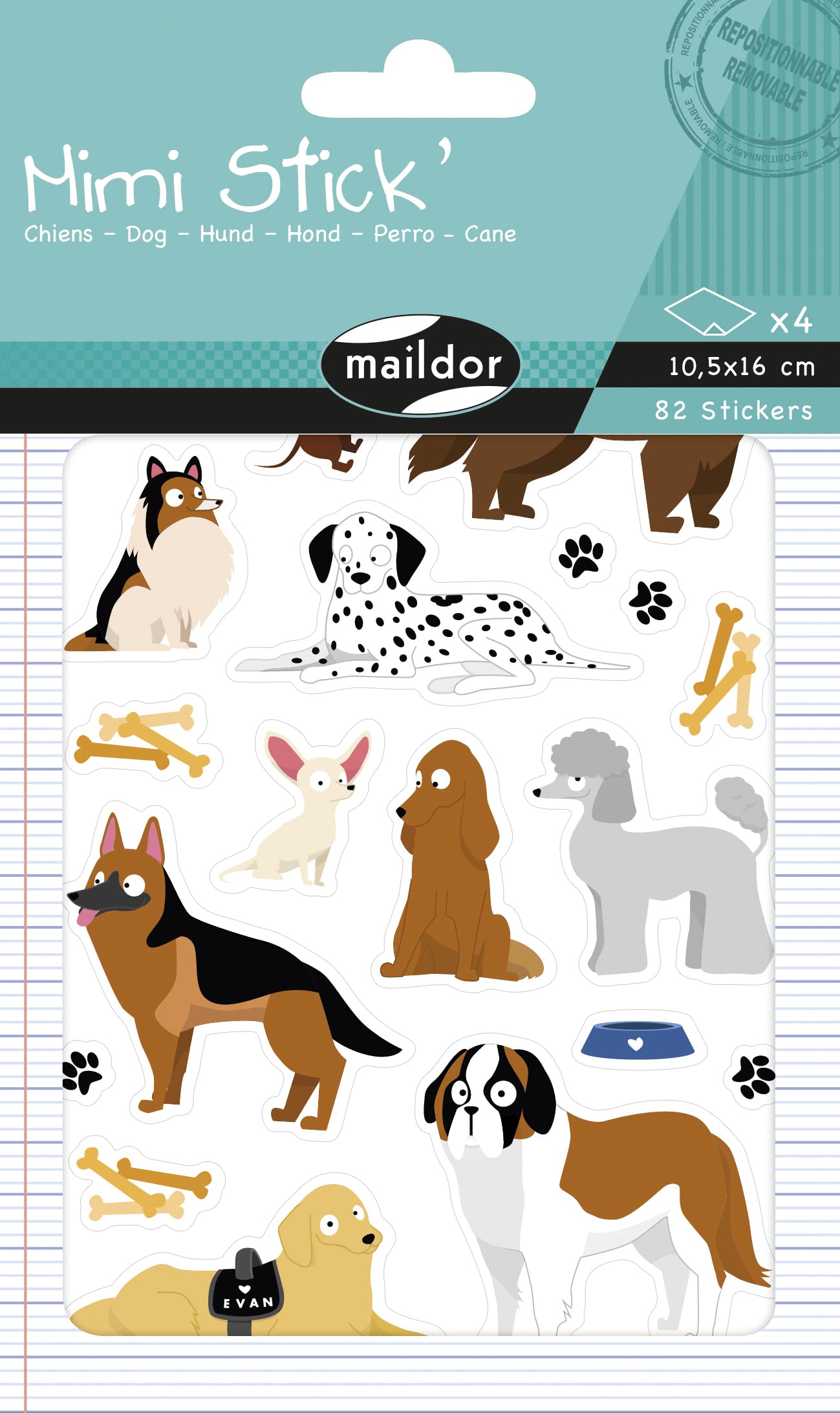 Maildor AE230C - Mimi'Stick STICKERS - 4 sheets - Dimensions: 10.5 cm x 16 cm - DOGS (82 stickers) - Children's Creative and Leisure Activity - DIY TOOL