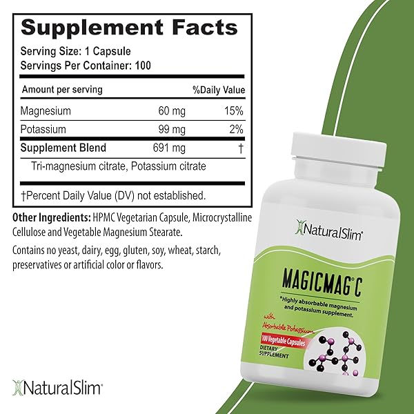 NATURALSLIM POTASSIUM MAGNESIUM SUPPLEMENT 100 CAPSULES – MAGICMAG C MAGNESIUM CITRATE SUPPLEMENTS FOR SLEEP SUPPORT, HEART HEALTH, AND MUSCLE CRAMP RELIEF | GLUTEN-FREE 1 PACK