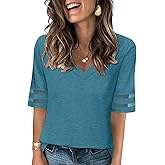 TICTICMISS Women's V Neck T Shirts Mesh Panel Short Sleeve Tops Casual Summer Tees