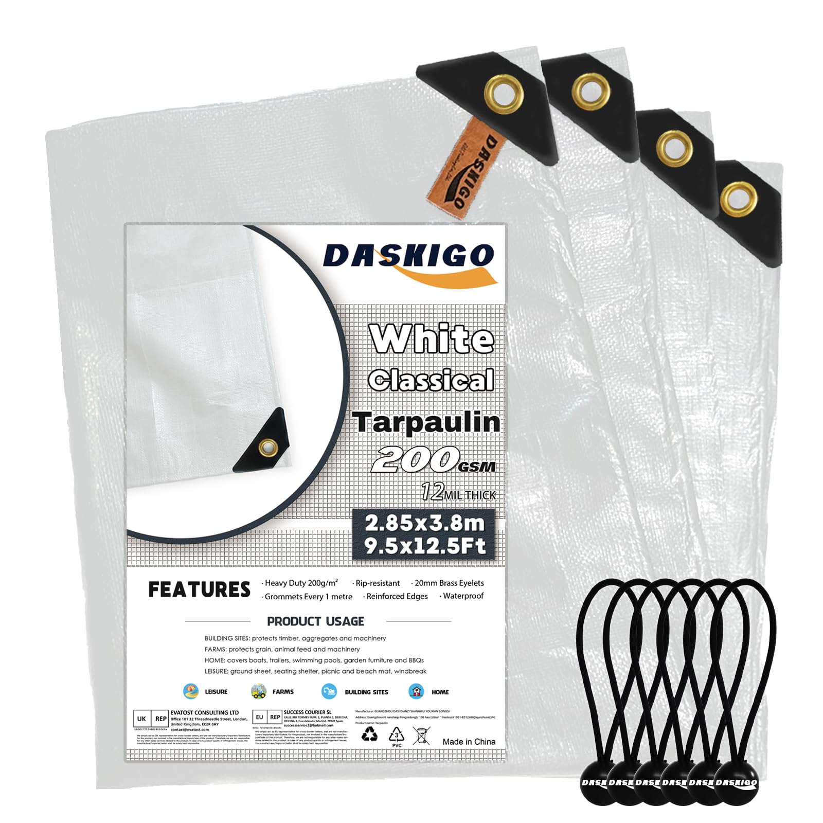 DASKIGO 3 x 4M Heavy Duty 200GSM White Reinforced Tarpaulin Cover Waterproof Tarp Sheet & 6 Pcs Bungee Balls