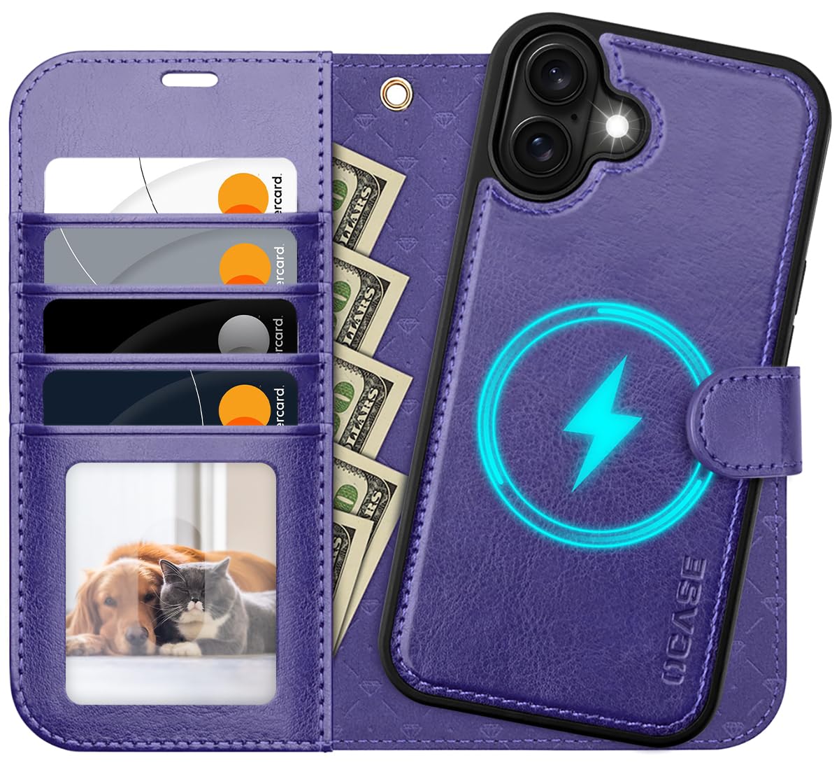 OCASE for iPhone 16 Plus Case, Detachable 2 in 1 PU Leather Wallet Case with RFID Blocking, Wireless Charging, Card Holders, Kickstand, Shockproof Removable Phone Cover, Purple