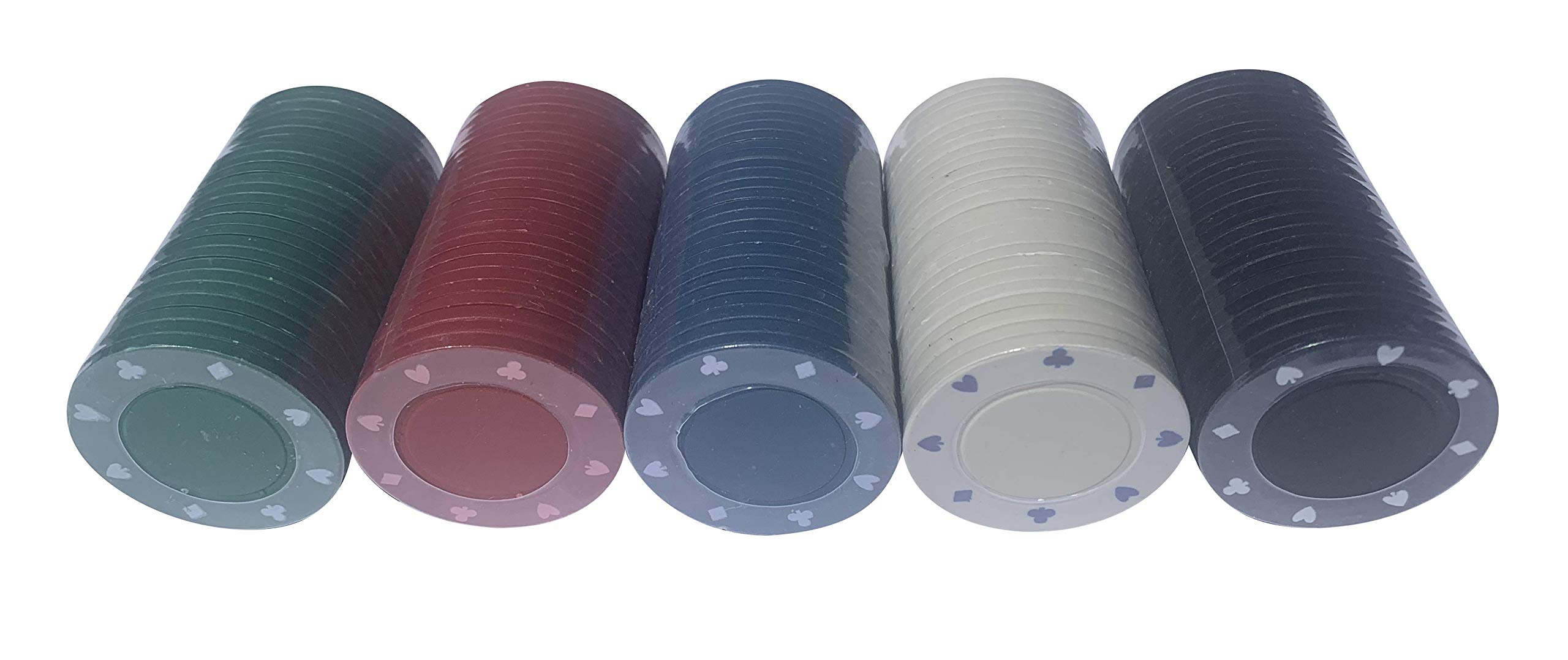 250 x SUITED POKER CHIPS - 10 SEALED STRIPS OF 25 CHIPS - 5 COLOURS