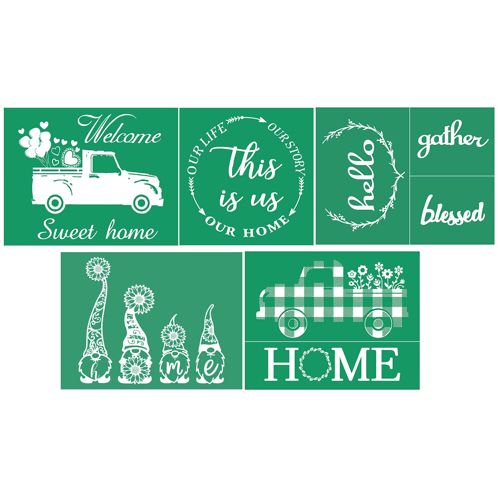 DGAGA 5PCS Welcome Silk Screen Stencils Home Self Adhesive Stencils Reusable for Chalk Paste,Gnomes Screen Printing Stencils Hello Mesh Transfers Chalk Stencils for Painting on Wood,Furniture,Fabric