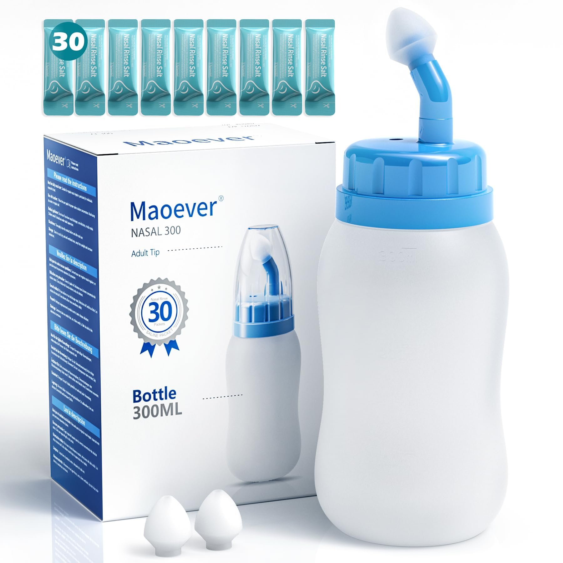 MAOEVER Neti Pot Sinus Rinse Squeeze Bottle Silicone Nose Wash Cleaner Pressure Rinse Nasal Irrigation for Adult & Kid 300 ML with 30 Nasal Wash Salt Packets (Blue)