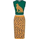 OXKNIT Women's Knitted Vest Skirt Sets, 1960s Mod Style Retro Leopard Green Tank Yellow Straight Skirt 2 Piece Sets Summer
