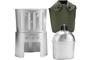 Canteen Kit, 850ml Aluminum Metal Canteen with Cup & Stove, Complete Army Canteens Set for Camping, Hiking, and Outdoor Adven