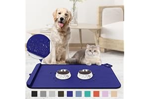 ZIRWTI Pet Feeding Mat, Silicone Dog Cat Bowl Mats with Edge, Waterproof Non-Slip, Easy Clean, Navy Blue, 18''x12''