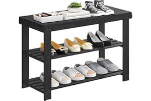 APRTAT 3-Tier Bamboo Shoe Rack Bench, Shoe Storage Organizer Bench, Entryway Bench, Shoe Rack for Front Door Entrance, Entryway Bathroom Bedroom, Holds Up to 286 lb, 11.3 x 27.6 x 17.8 Inches, Black