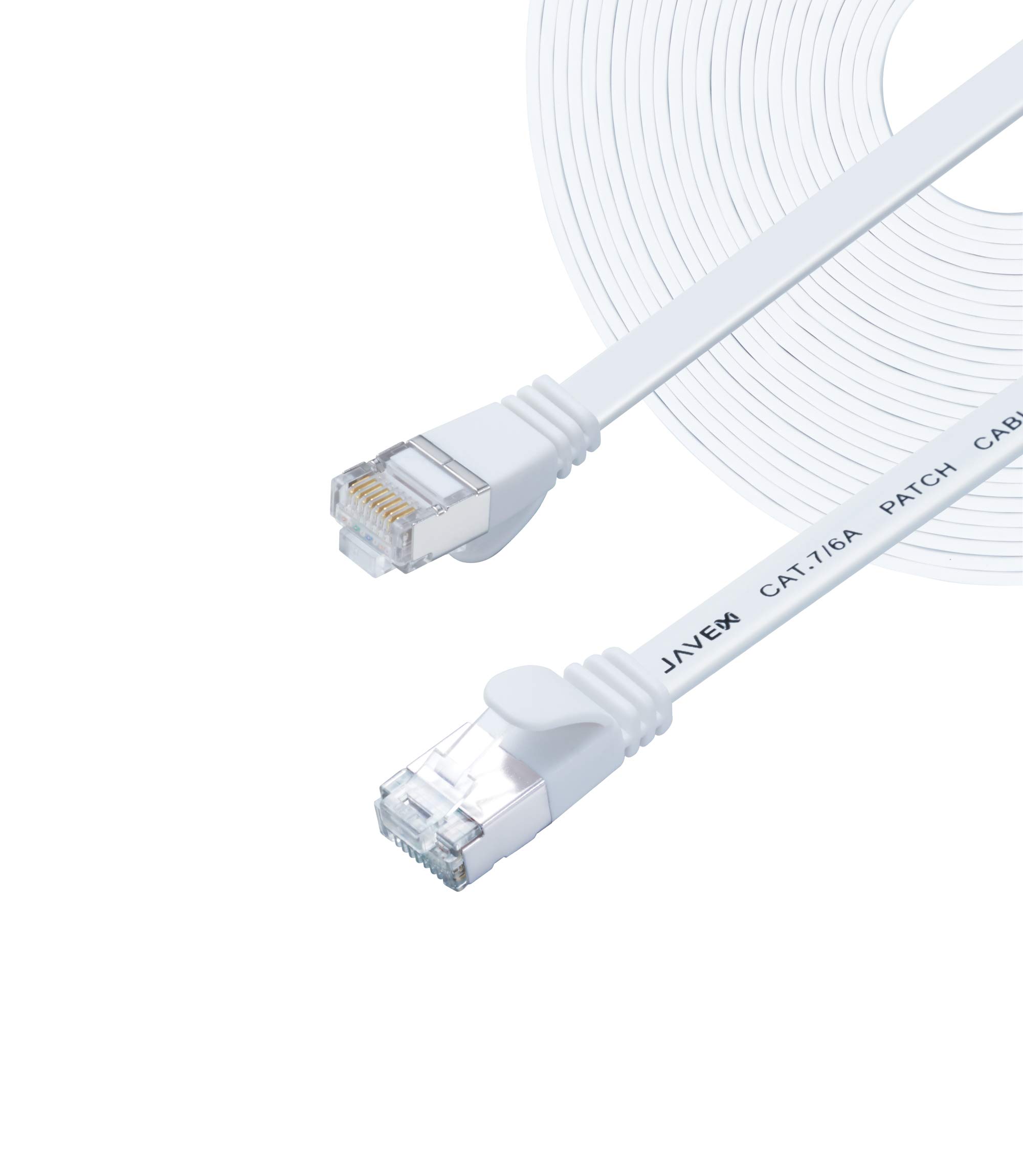 JAVEX CAT7 RJ45 [S/STP, 10GB] Network Ethernet OFC Cable - Flat Cable, White, 15.2M/50FT