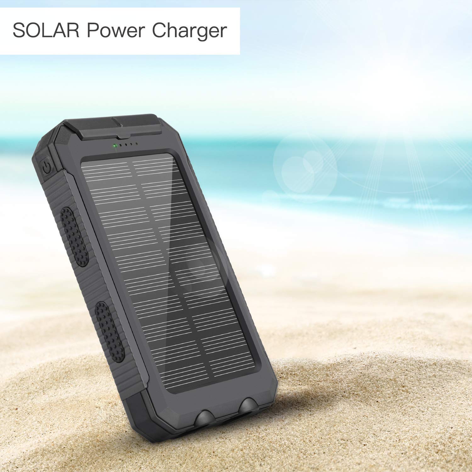 Batterie Externe Solaire 10000mAh, Chargeur Solaire avec Deux Lampes LED, Imperméable en Plein Air Double Sortie USB pour iPhone, iPad, Smartphone et Tablette, etc.