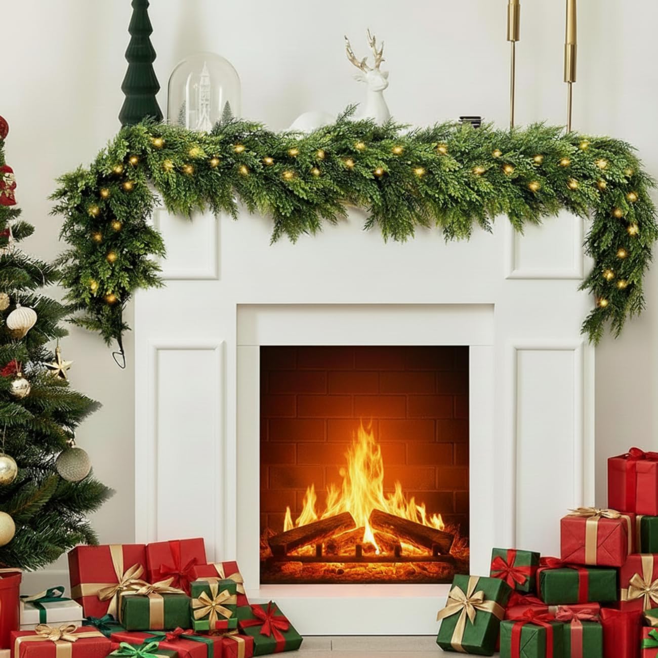 Photo 1 of 6FT Cedar Christmas Garland with 120LED Lights for Mantle, Real Touch Winter Pine Garland, Green Artificial Greenery Garland for Table, Mantle, Wall, Indoor, Outdoor Christmas Decorations