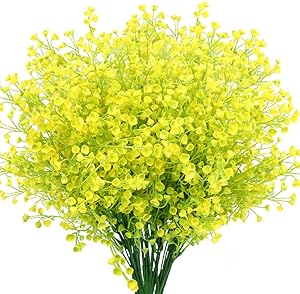 KLEMOO Artificial Shrubs Bushes 8 Pack Fake Outdoor UV Resistant Plants Flowers, Faux Plastic Bell Leaves Greenery for Indoor Outside Hanging Planter Home Office Wedding Farmhouse Decor (Yellow)