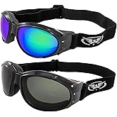 Global Vision Eliminator Padded Motorcycle Riding Goggles 2 Pair Black w/Smoke & Green Mirror Lenses