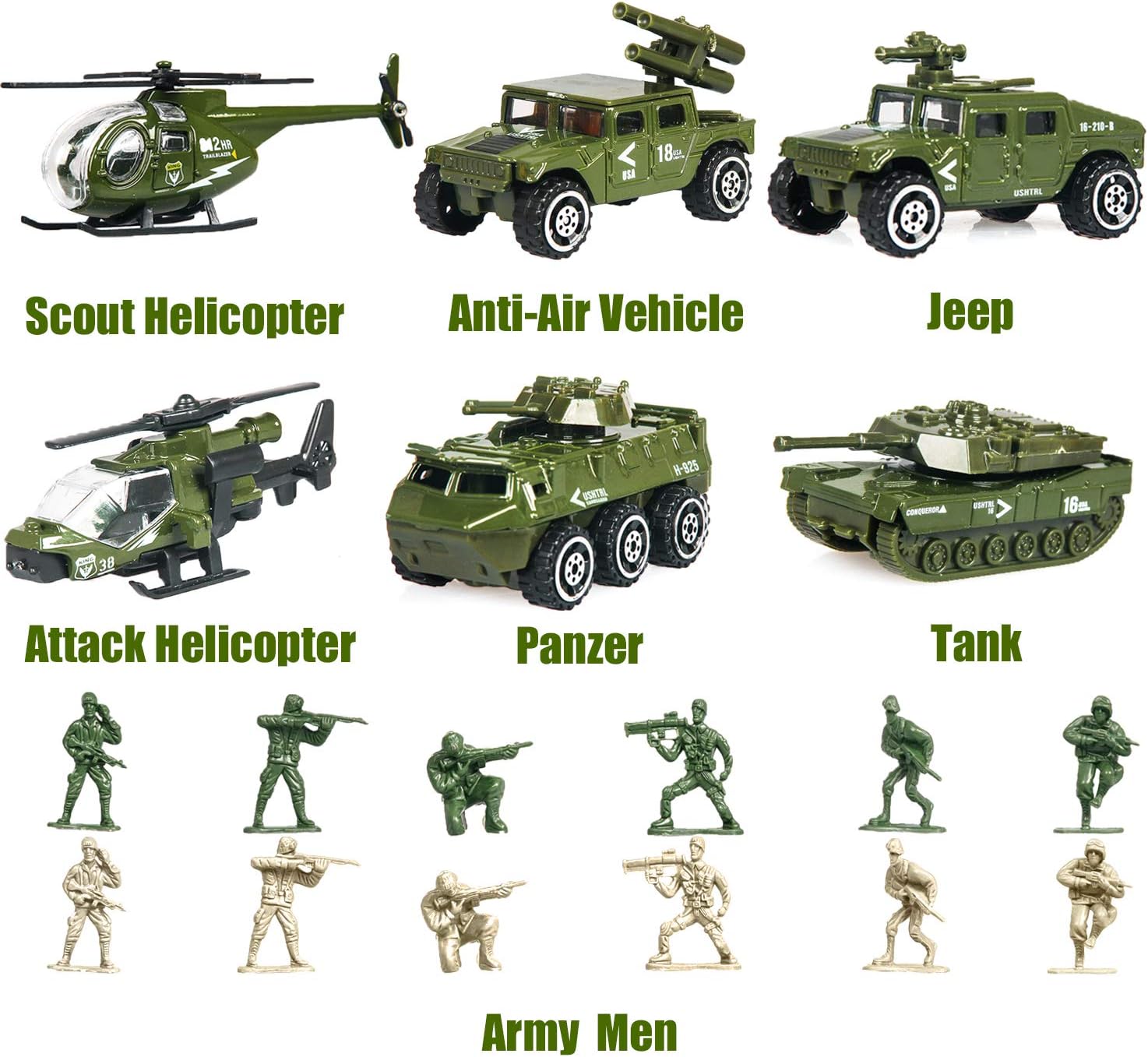 18 Pack Die-cast Military Vehicles Sets,6 Pack Assorted Alloy Metal Army Models Car Toys and 12 Pack Soldier Army Men, Mini Army Toy Tank,Panzer,Anti-Air Vehicle,Helicopter Playset for Kids Boys: Toys & Games