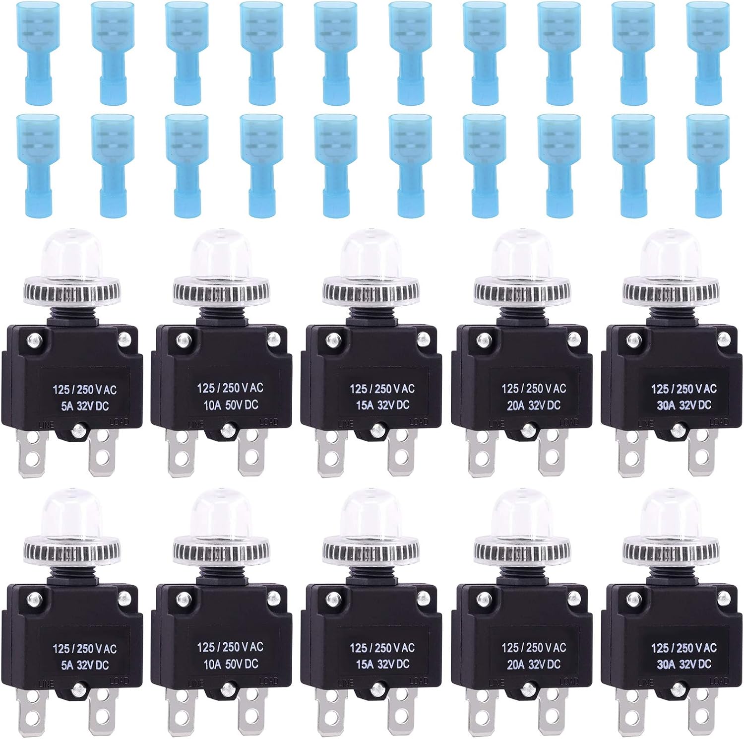 Glarks 30Pcs 5A 10A 15A 20A 30A Circuit Breakers Thermal Overload Protector Switch with Manual Reset 32VDC, AC125-250V With Quick Connect Female Spade Terminal and Waterproof Button Caps - - 
