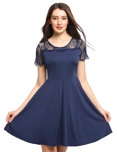 Zeagoo Damen Elegantes Spitzen Kleid Partykleider Festlich Ballkleid Cocktailkleid mit Spitzenärmeln Kurzarm Casual Lace Patc