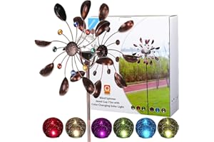 HDNICEZM Solar Wind Spinner Multi-Color LED Lighting by Solar Powered Glass Ball with Kinetic Wind Aculptures Dual Direction Decorative Lawn Ornament Wind Mill.