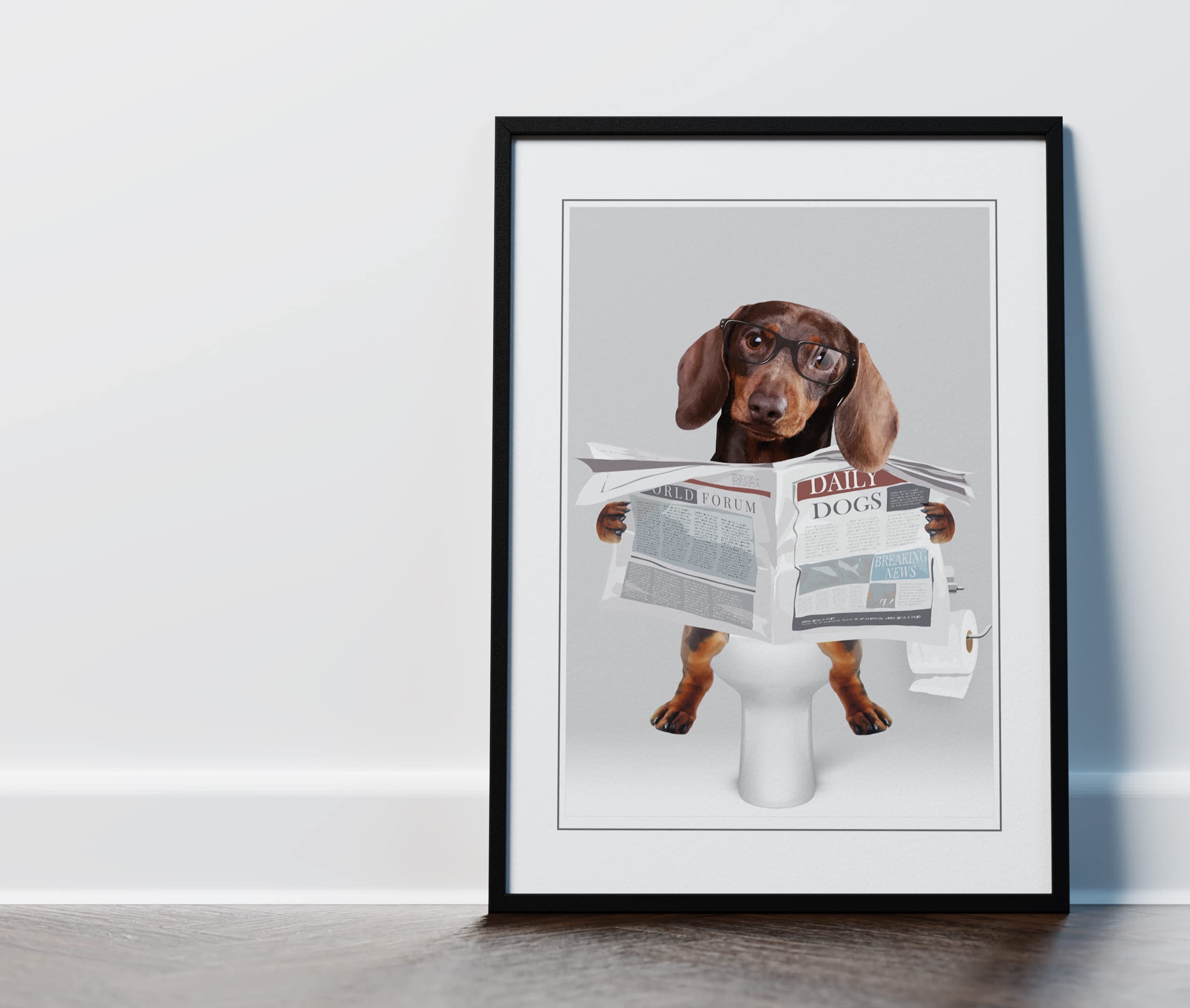 Designed By Lorna Chocolate Tan Dachshund on Toilet Black White Grey Bathroom Picture Wall Art Print (14x11 Framed)