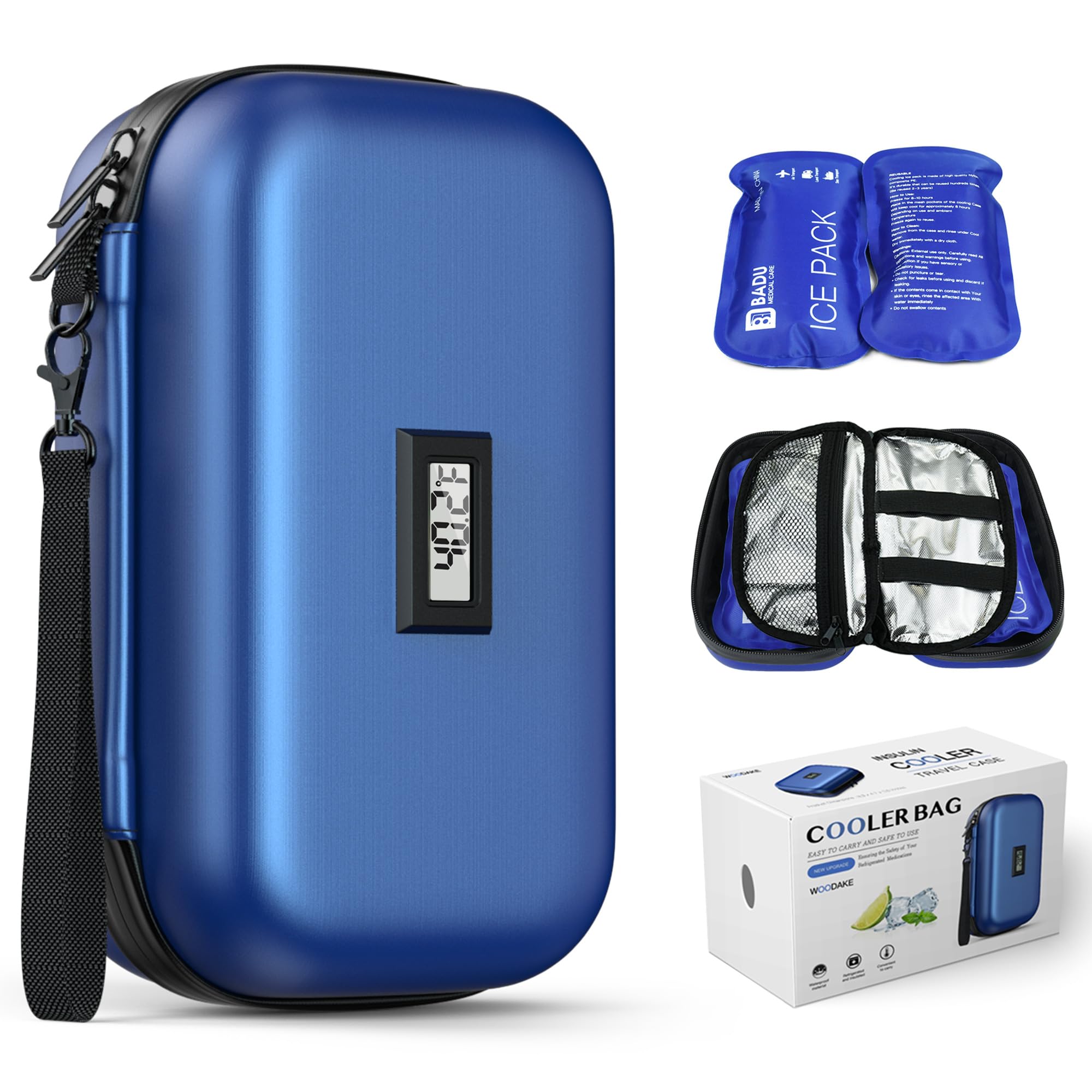 WOODAKE Insulin Cooler Travel Case TSA Approved Medication Cooler with Digital Temp Display 2 Ice Packs for Insulin Travel Case Diabetes Storage 4-6 Pens