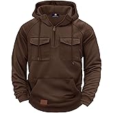Herberton Men's Designer Warm Hoodie Fall New Pullover Utility Chest Pockets Pocket Quarter Zip Durable Versatile Heavyweight Sport Tactical Techwear Multi-functional Running Hooded Shirt Coffee L