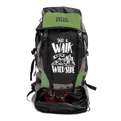 Mufubu Presents Get Unbarred 55 LTR Rucksack for Trekking, Hiking with Shoe Compartment - Black/Grassy