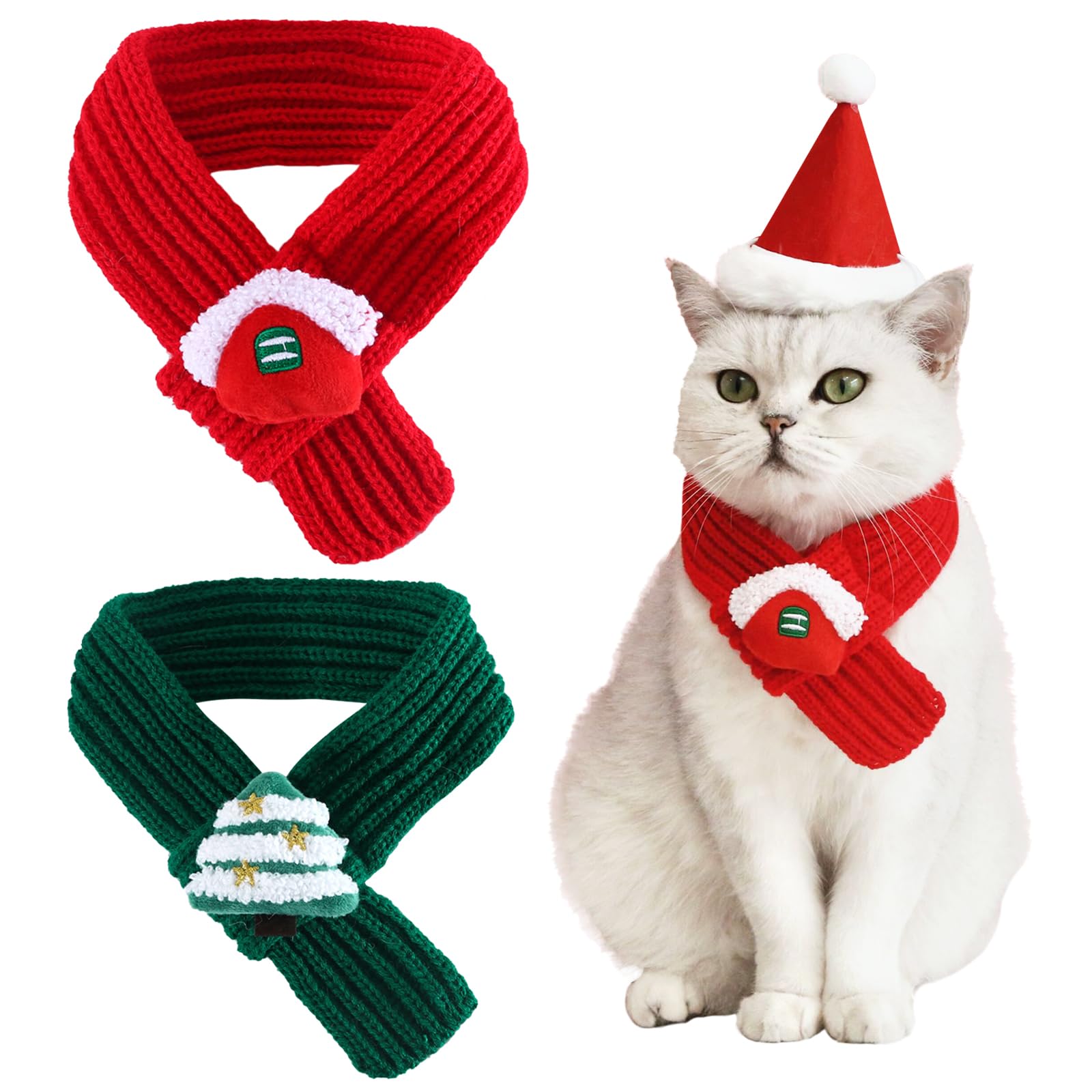 2 Pieces Christmas Pet Scarf Knitted Pet Collar Winter Cat Neck Warmer Solid Pet Scarf Puppy Cat Costume Accessories Mini Knitted Scarf for Small to Medium Pets (Solid - Plush, Small)