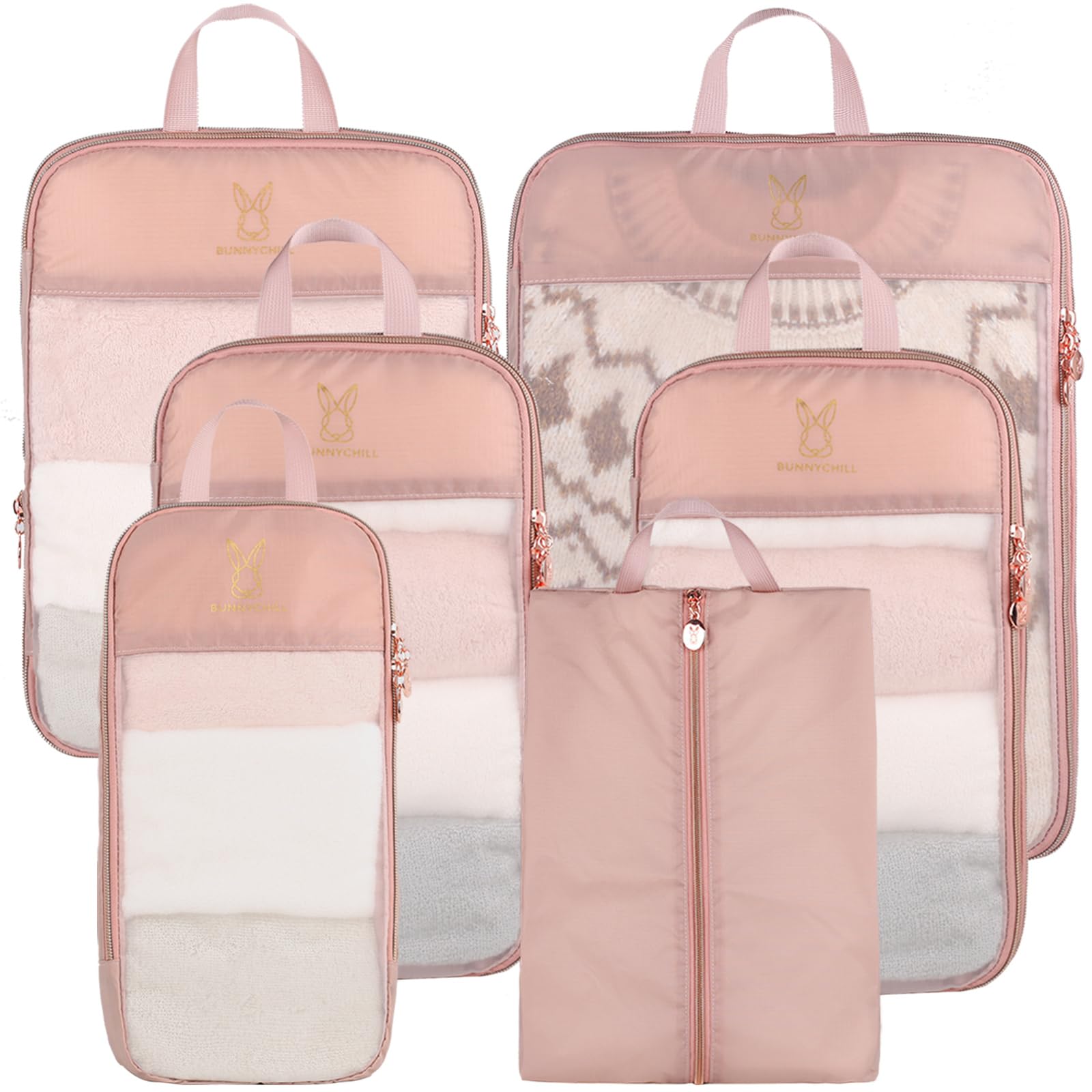 Photo 1 of See Through Expandable Compression Packing Cubes, Mesh Travel Packing Cubes for Suitcases, Lightweight Organizers Bag Set for Travel Essentials for Luggage(Pink,6 Set)