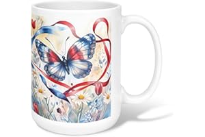 Butterfly Ceramic Coffee Mug, Spring Fanciful Daisies Tulips Spring Blue Novelty Hot Chocolate Mug with Handle Ideal for Frie