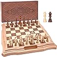 AMEROUS 15.6 inches Magnetic Wooden Chess Set, Handheld Style Chess Board Game Sets with Game Pieces Storage Slots - 2 Extra Queens - Gift Package, Chess for Beginner, Kids and Adults