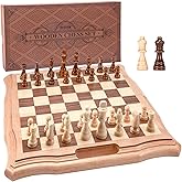 AMEROUS 15.6 inches Magnetic Wooden Chess Set, Handheld Style Chess Board Game Sets with Game Pieces Storage Slots - 2 Extra Queens - Gift Package, Chess for Beginner, Kids and Adults