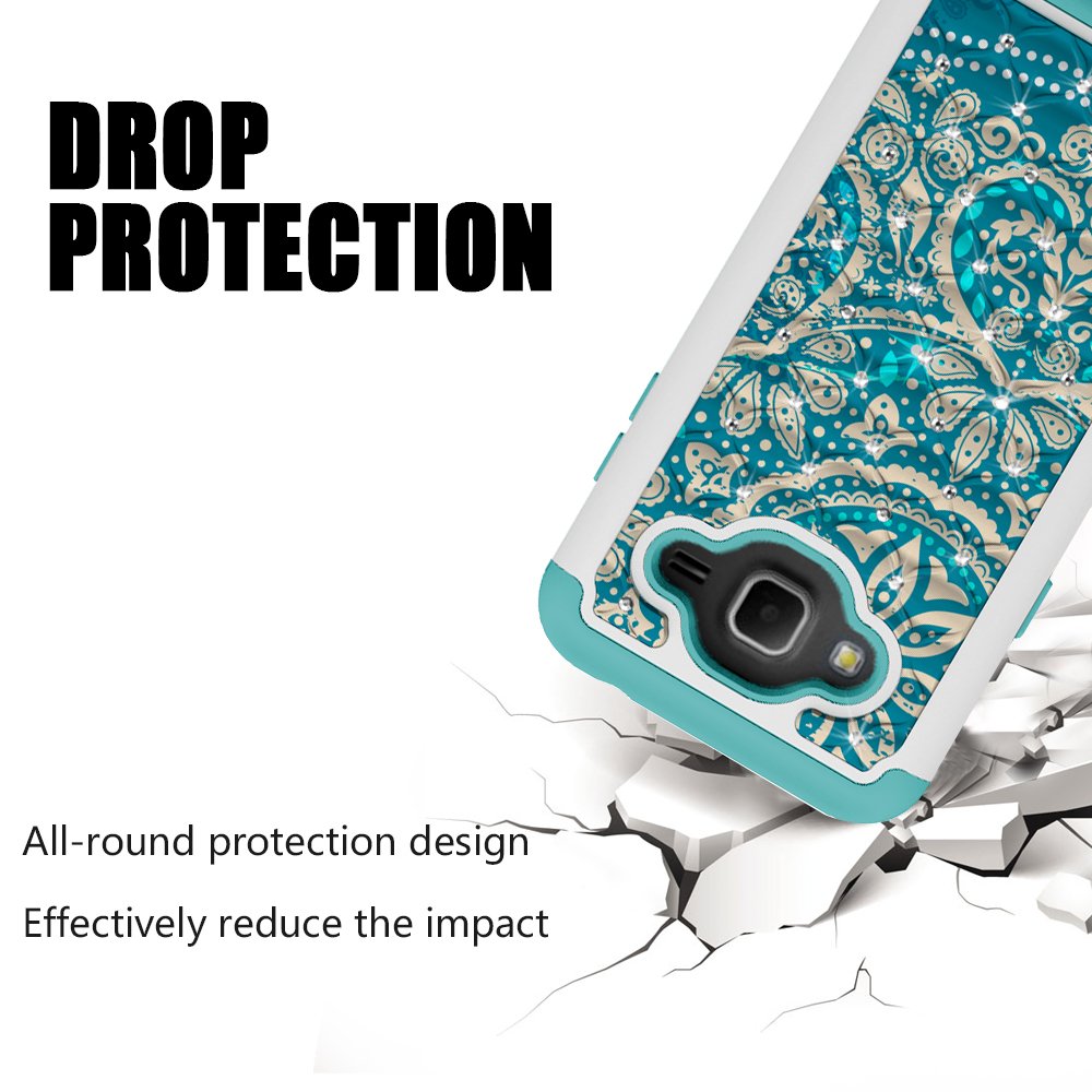 J3 Case, MagicSky [Shock Absorption] Studded Rhinestone Bling Hybrid Dual Layer Armor Defender Cover For Samsung Galaxy J3 (2016) -Flower